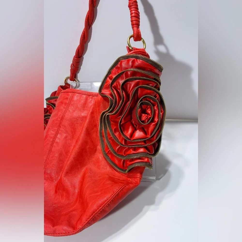 Large Red Hobo Bag, Gold Zipper Flowers, Twisted Handle, 16x13.5